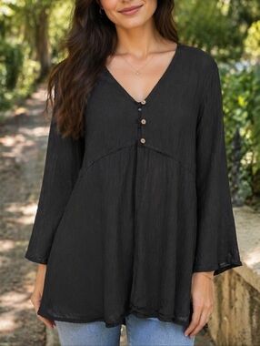 Good Earth Black Gauzy Babydoll Tunic Top | Bell Sleeve Fairy Grunge Boho Flowy